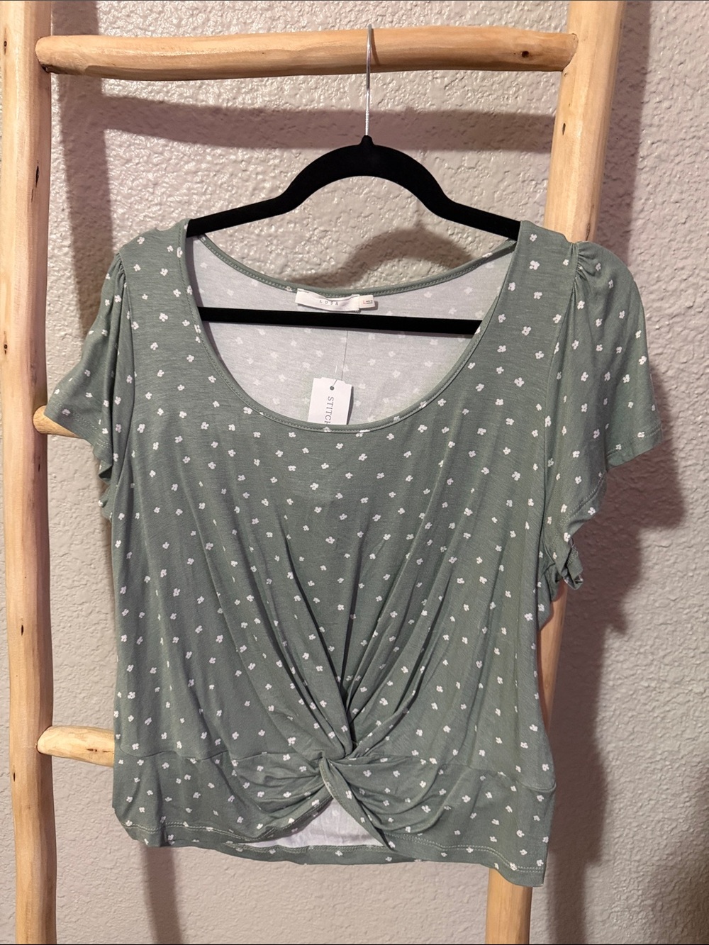 Lush Sage Green Short Sleeve Knot-Front Tee with White Dot Print